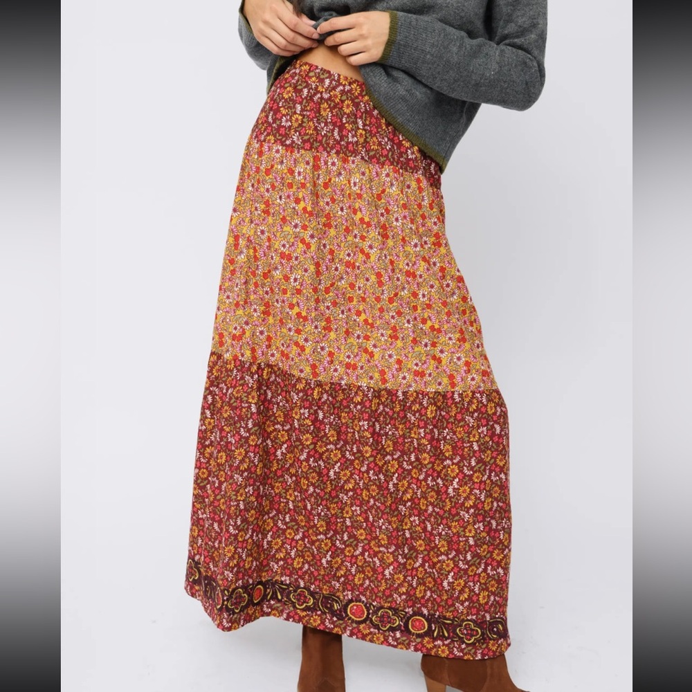 NATURAL LIFE Camille Embroidered Maxi Skirt - Stemmed Daisies Wine
